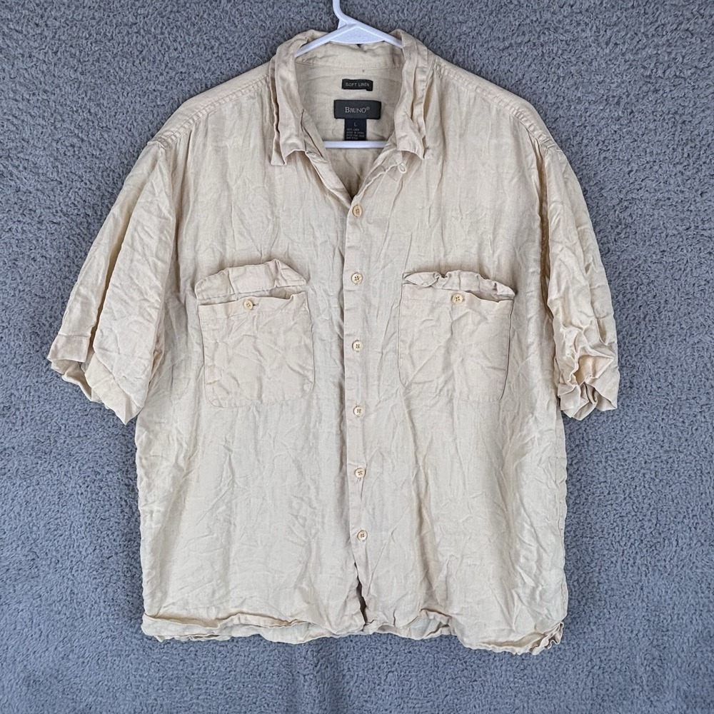 Bruno Mens‎ Linen Shirt Large Beige Short Sleeve Loop Collar Beach Pockets Soft